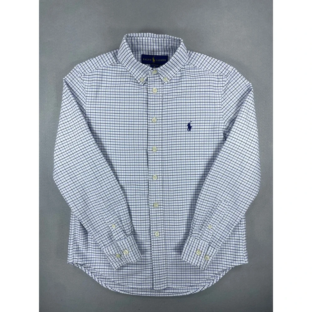 Ralph Lauren Boys Blue White Tattersall Check Custom Fit Button Down 10
